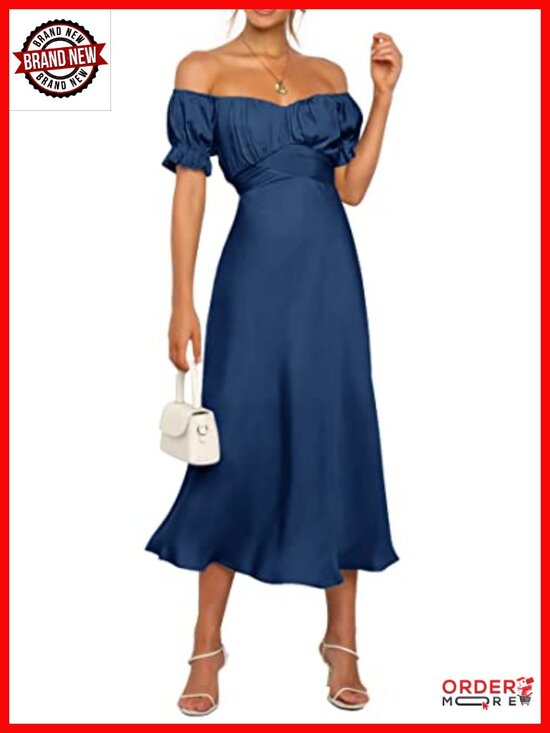 Dresses & Skirts - Off Shoulder Satin Midi Dress Wrap Ruched Bust Party Cocktail Formal